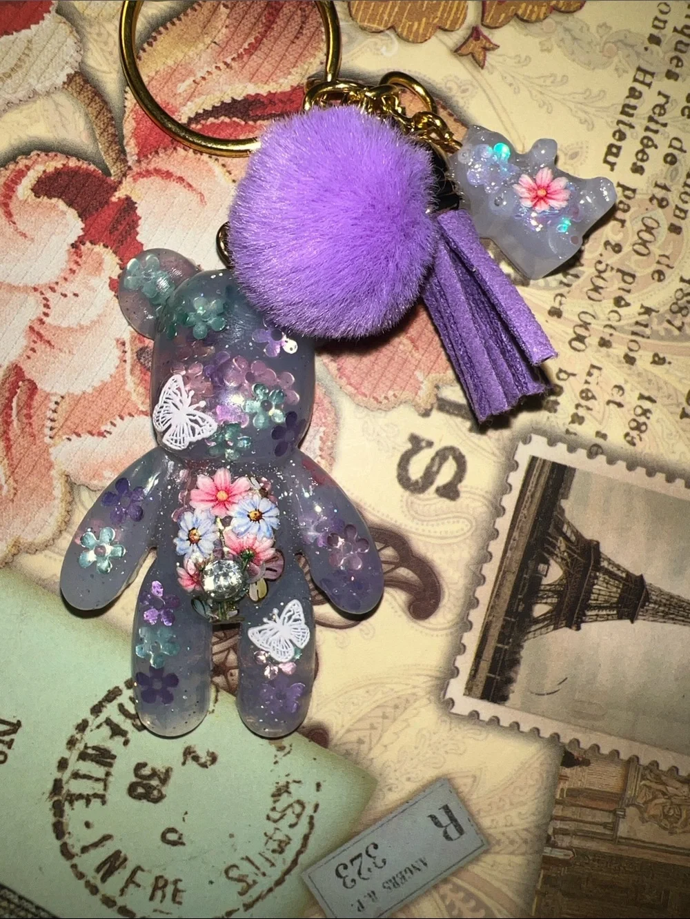 Purple Floral Resin Bear Keychain, backpack or purse charm.